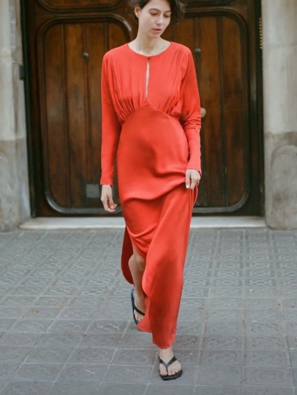Zara Tomato-Red Long Sleeve Maxi Dress with Front Keyhole
